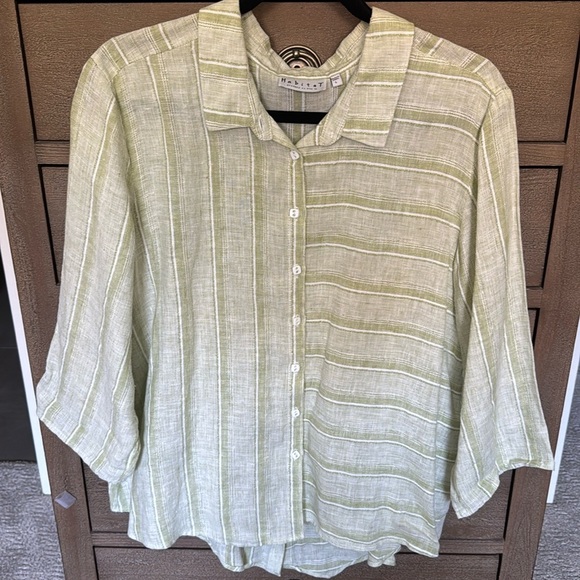 Habitat Contrast Striped Linen Button Front Blouse Top Womens L Lagenlook Beach - Picture 1 of 9